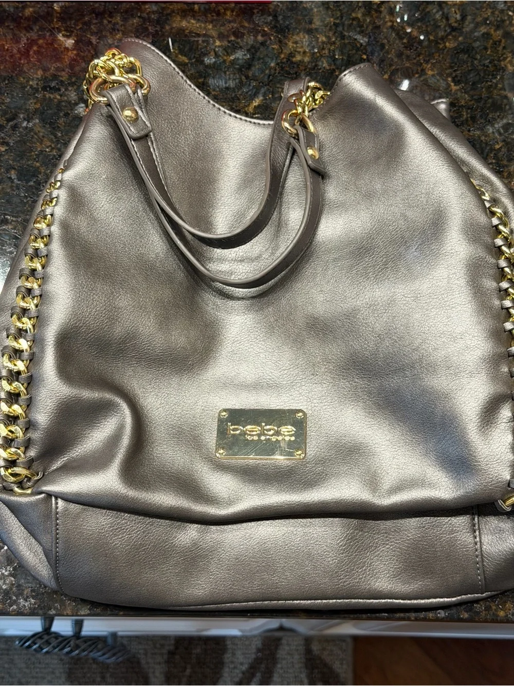 bebe Colette Triple Entry Metallic Gray Chain-Trim Hobo Bag